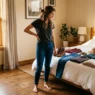 Woman standing in softly lit bedroom surveying cowgirl outfit pieces laid out on bed including boots denim flannel and hats