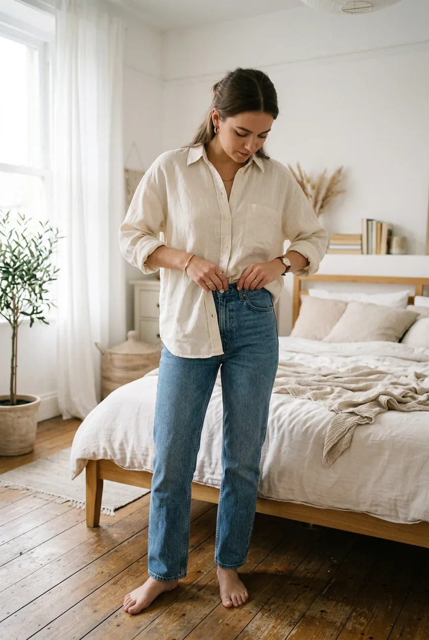 Woman performing a casual front half-tuck of cream linen button-down shirt into mid-wash jeans in bedroom setting