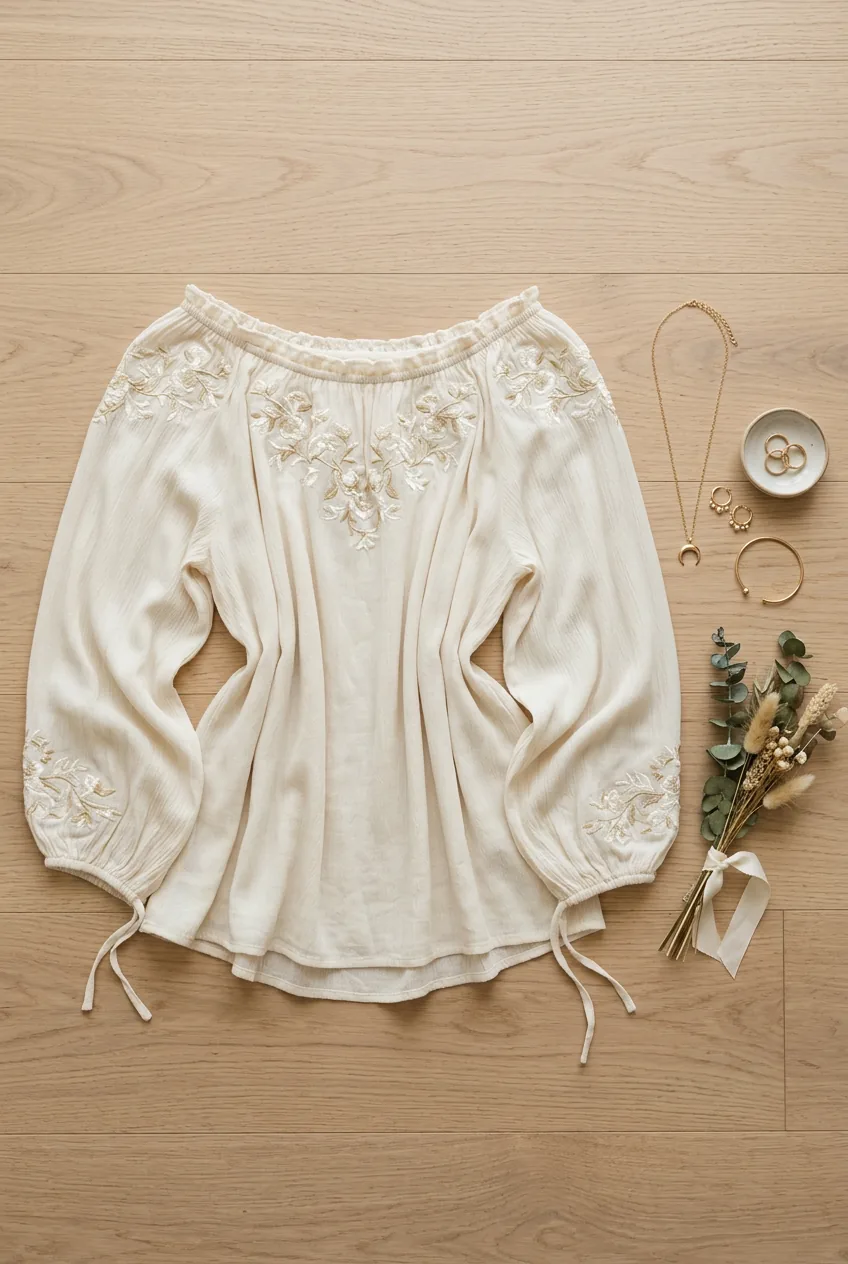 Cream peasant blouse with off-shoulder neckline and embroidered details arranged to show draping