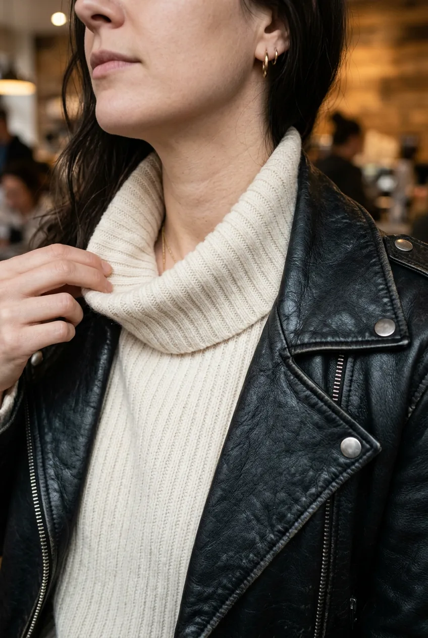 Close-up of cream ribbed turtleneck peeking at collar of open black leather jacket in soft indoor lighting