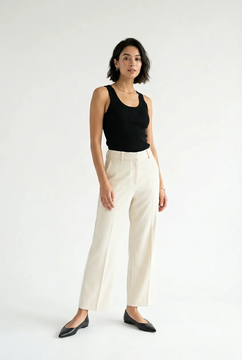 Woman wearing cream wide-leg trousers with fitted black tank top tucked in
