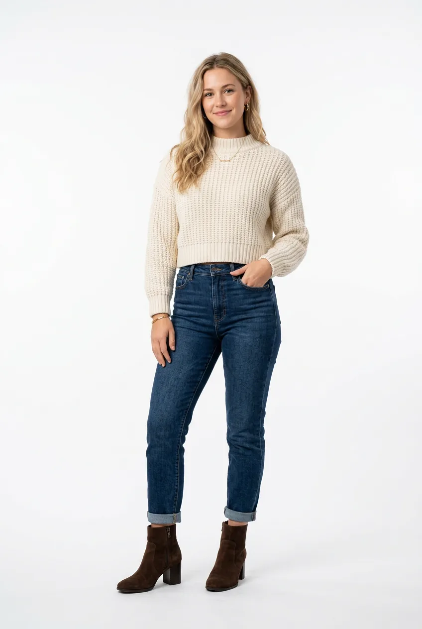 Woman wearing cropped cream knit sweater with high-waisted dark wash jeans