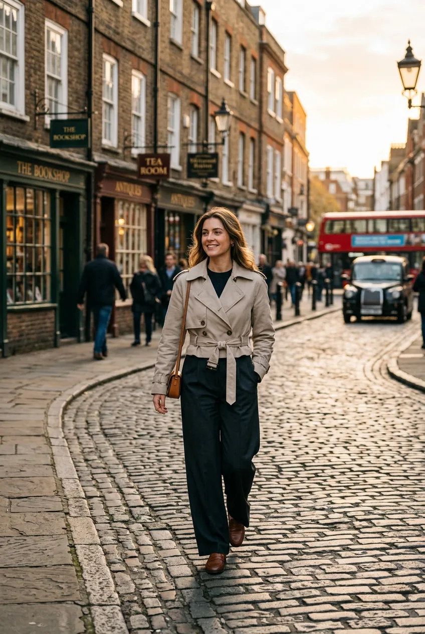 Woman in cropped stone trench coat belted at hips over wide-leg tailored trousers on sunlit cobblestone street