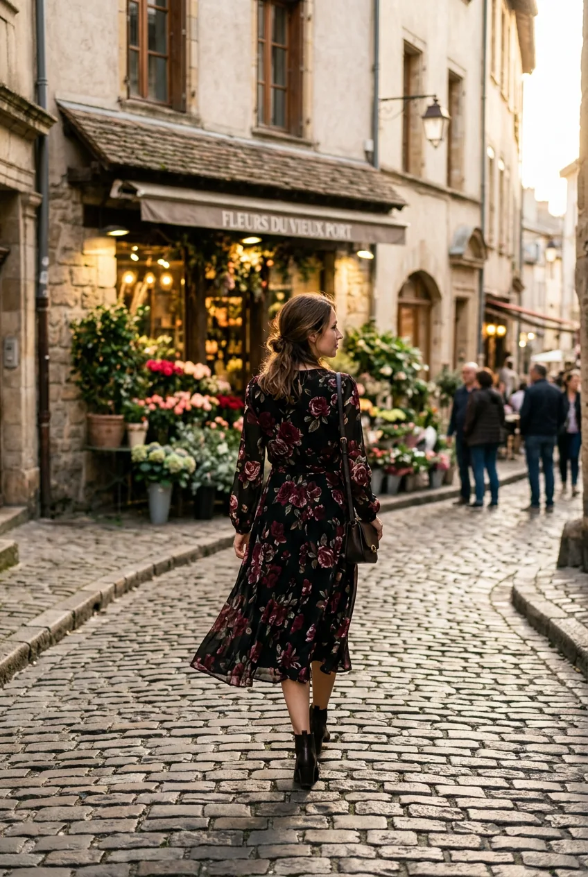 Woman in deep burgundy dark floral midi dress walking European cobblestone street with flower shop behind her