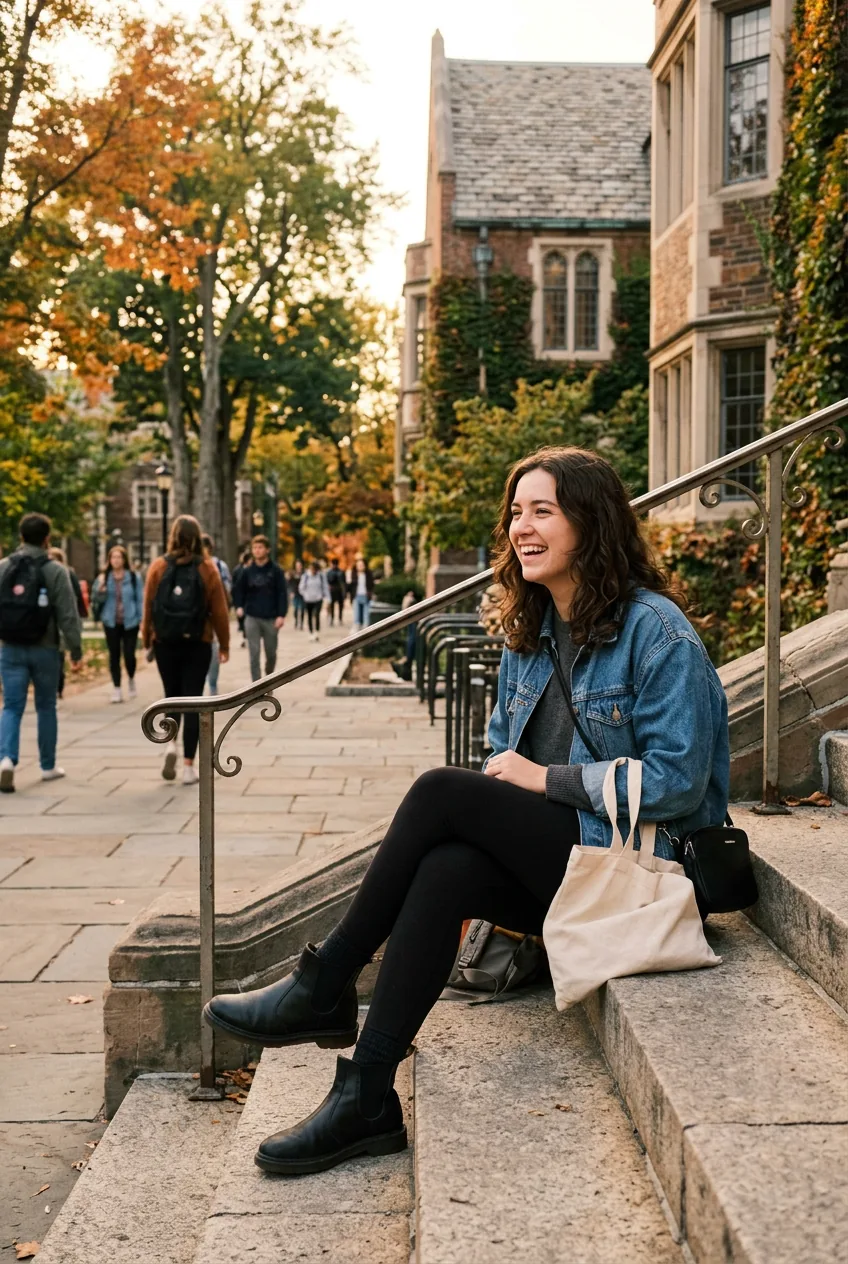 Woman wearing denim jacket, leggings and ankle boots sitting casually on campus steps