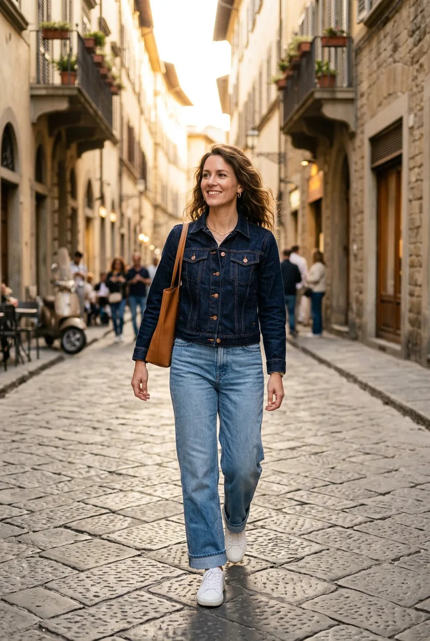 Woman in intentional double denim dark indigo jacket and lighter wash wide-leg jeans on golden-hour street