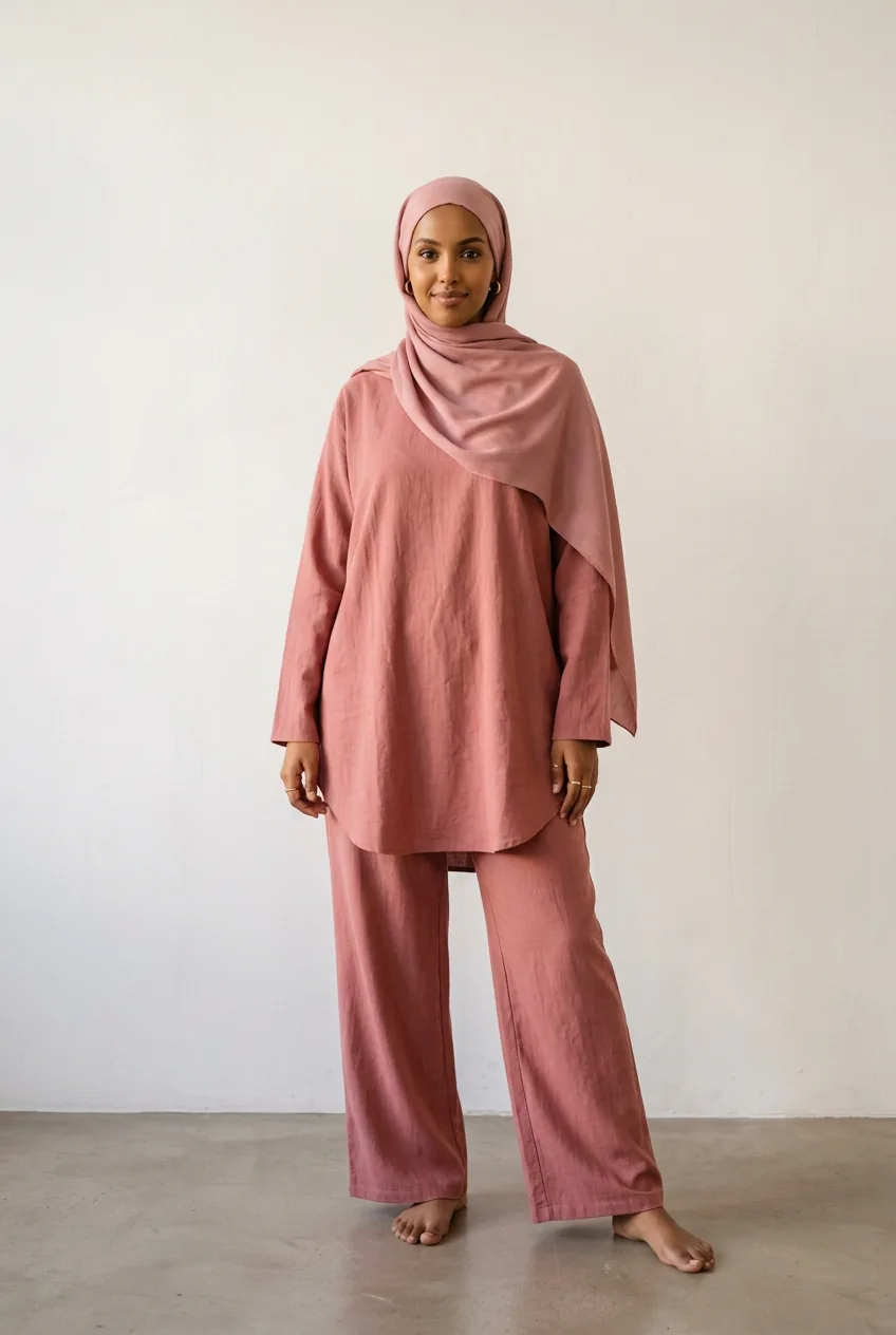 Woman standing against white wall in full monochromatic dusty rose hijabi casual outfit including matching top trousers and hijab