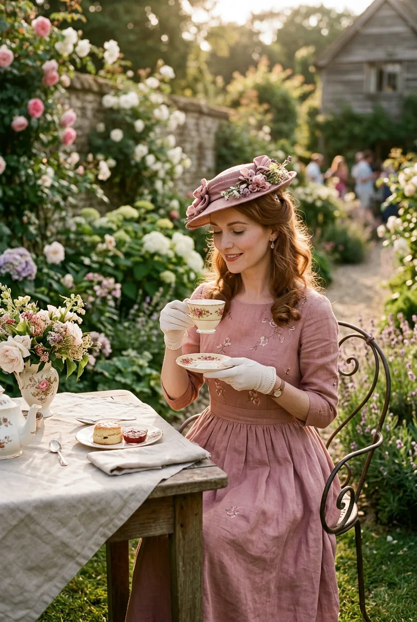 Woman in dusty rose tea party dress with wrist-length gloves at outdoor table with teacup in late afternoon light