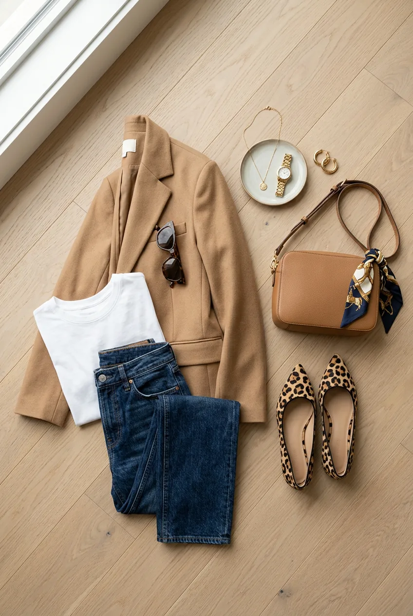 Polished casual look with blazer, tucked tee, dark jeans and gold accessories showing elevated details