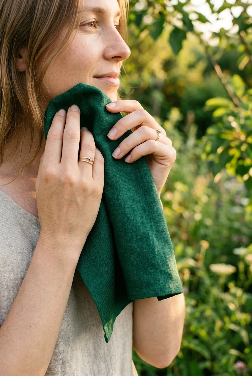 Woman holding deep emerald green fabric swatch to her face in natural daylight to check undertone compatibility
