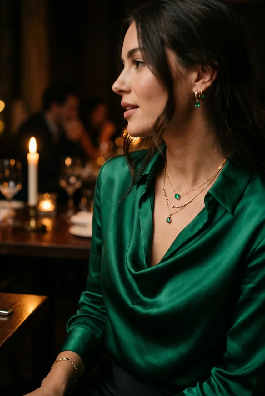 Close detail of woman wearing emerald green satin blouse with gold jewelry in warm candlelit restaurant setting