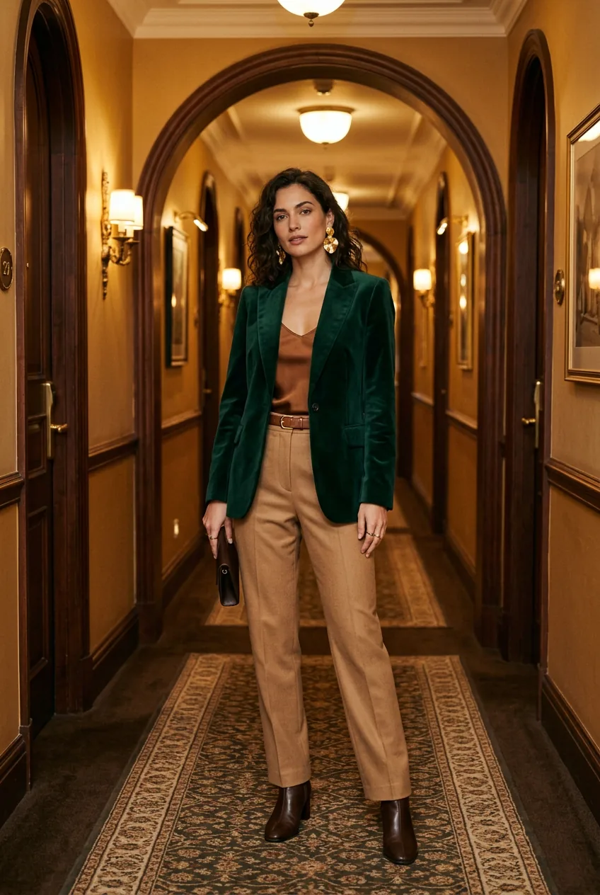Woman wearing a deep emerald velvet blazer over a satin top with camel wool trousers and gold sculptural earrings