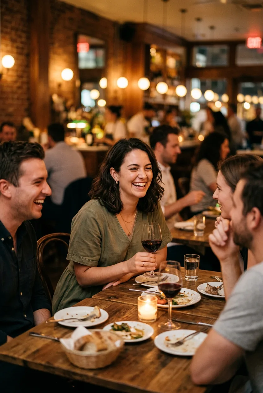 Woman in casual frock at restaurant dinner table with friends in warm ambient evening lighting