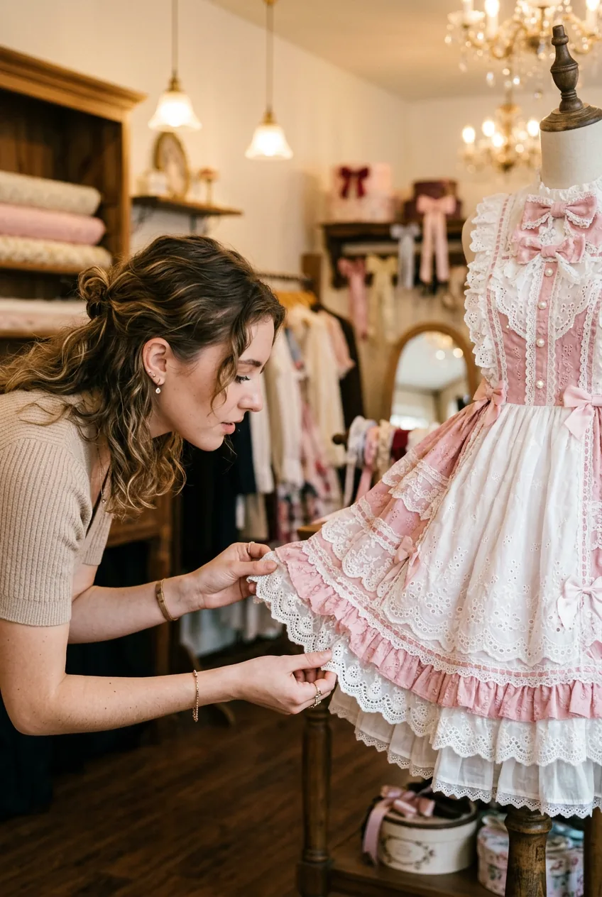 Woman examining intricate lace trim and construction details of high-quality lolita dress on display