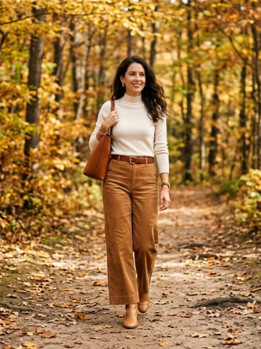 Woman in caramel wide-leg trousers and ivory mock-neck walking a soft dirt forest path in dappled autumn sunlight