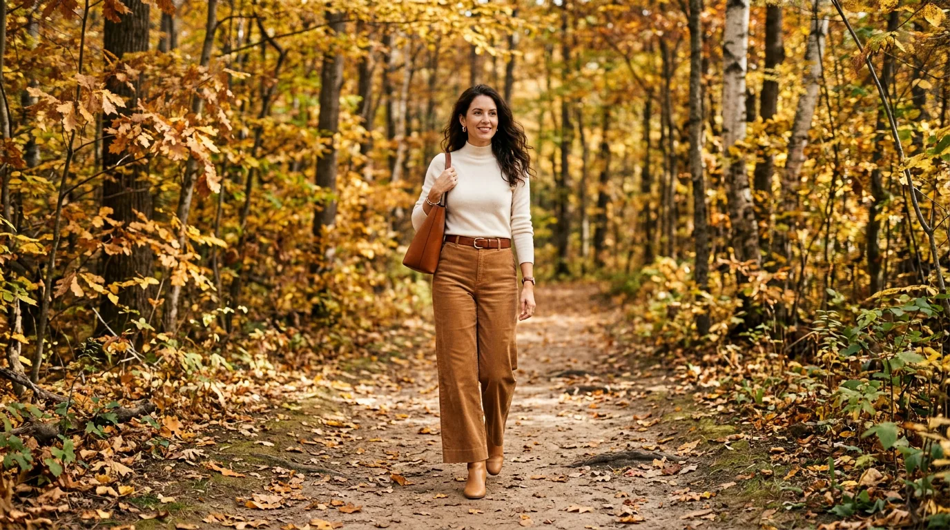 Woman in caramel wide-leg trousers and ivory mock-neck walking a soft dirt forest path in dappled autumn sunlight