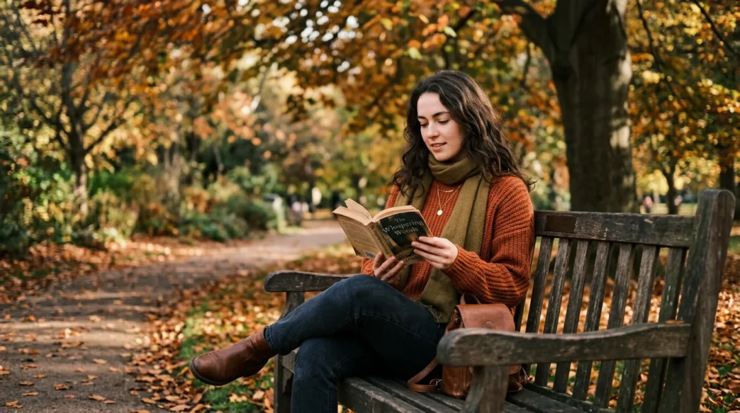 Woman on a park bench reading a book in a cozy autumn sweater outfit, soft dappled light through trees