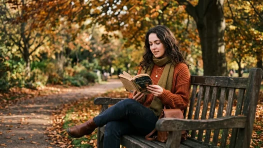 Woman on a park bench reading a book in a cozy autumn sweater outfit, soft dappled light through trees