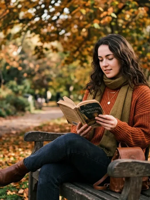 Woman on a park bench reading a book in a cozy autumn sweater outfit, soft dappled light through trees