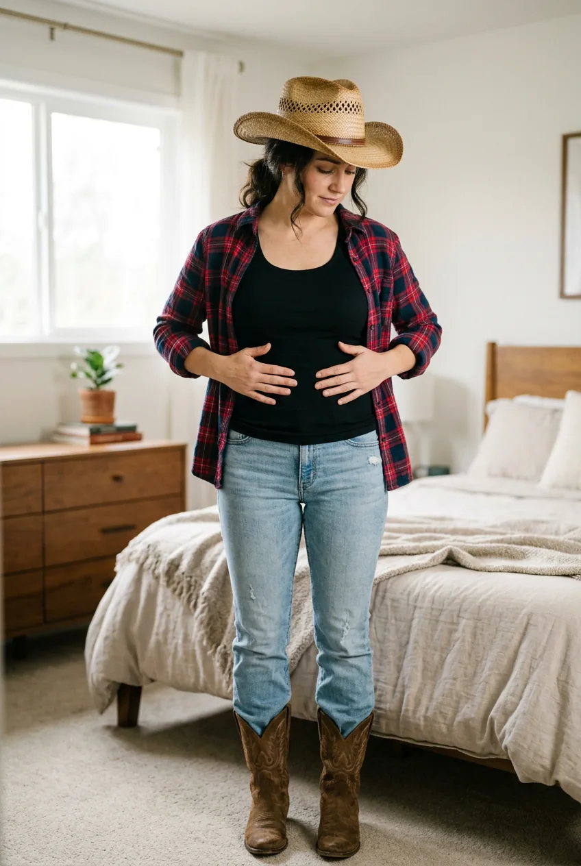 Woman smoothing the front of her black tank under open plaid flannel in finalized cowgirl look before mirror check