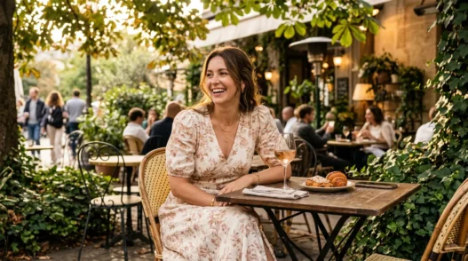 Woman in floral midi dress seated at outdoor café terrace with rosé glass and pastries in warm afternoon light