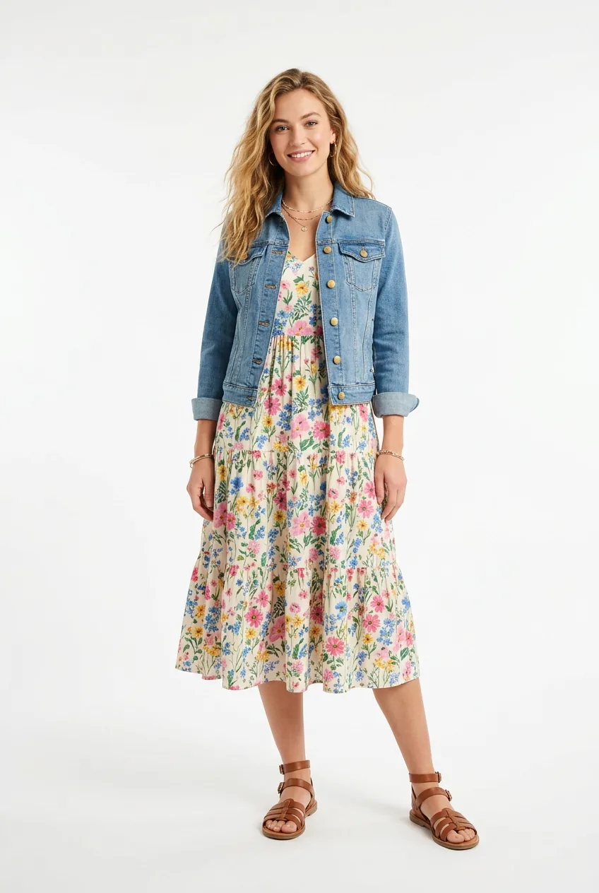 Woman in floral sundress layered with light wash denim jacket and sandals