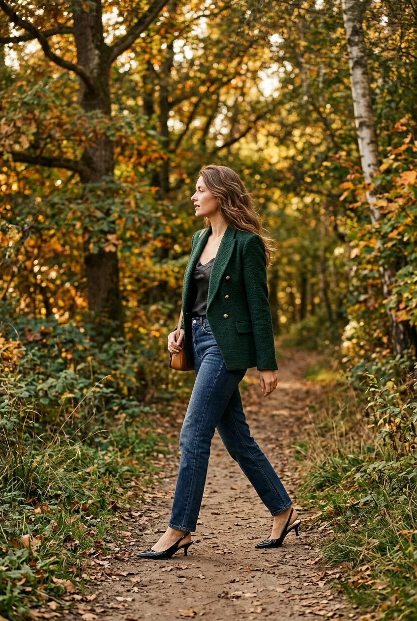 Woman in forest green boucle blazer over satin cami with dark-wash jeans and kitten heels on an autumn path