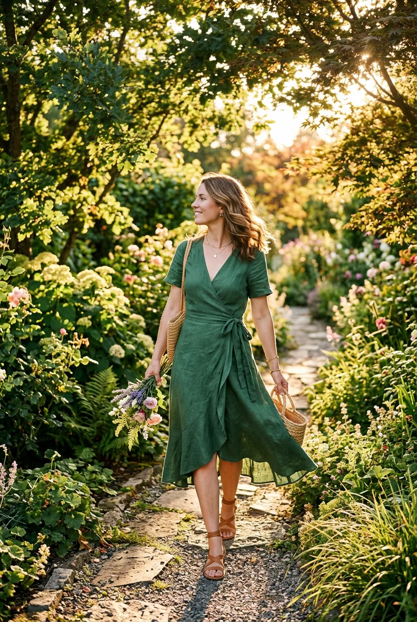 Woman in flowing forest green midi wrap dress and tan sandals walking through sun-dappled garden in golden hour light