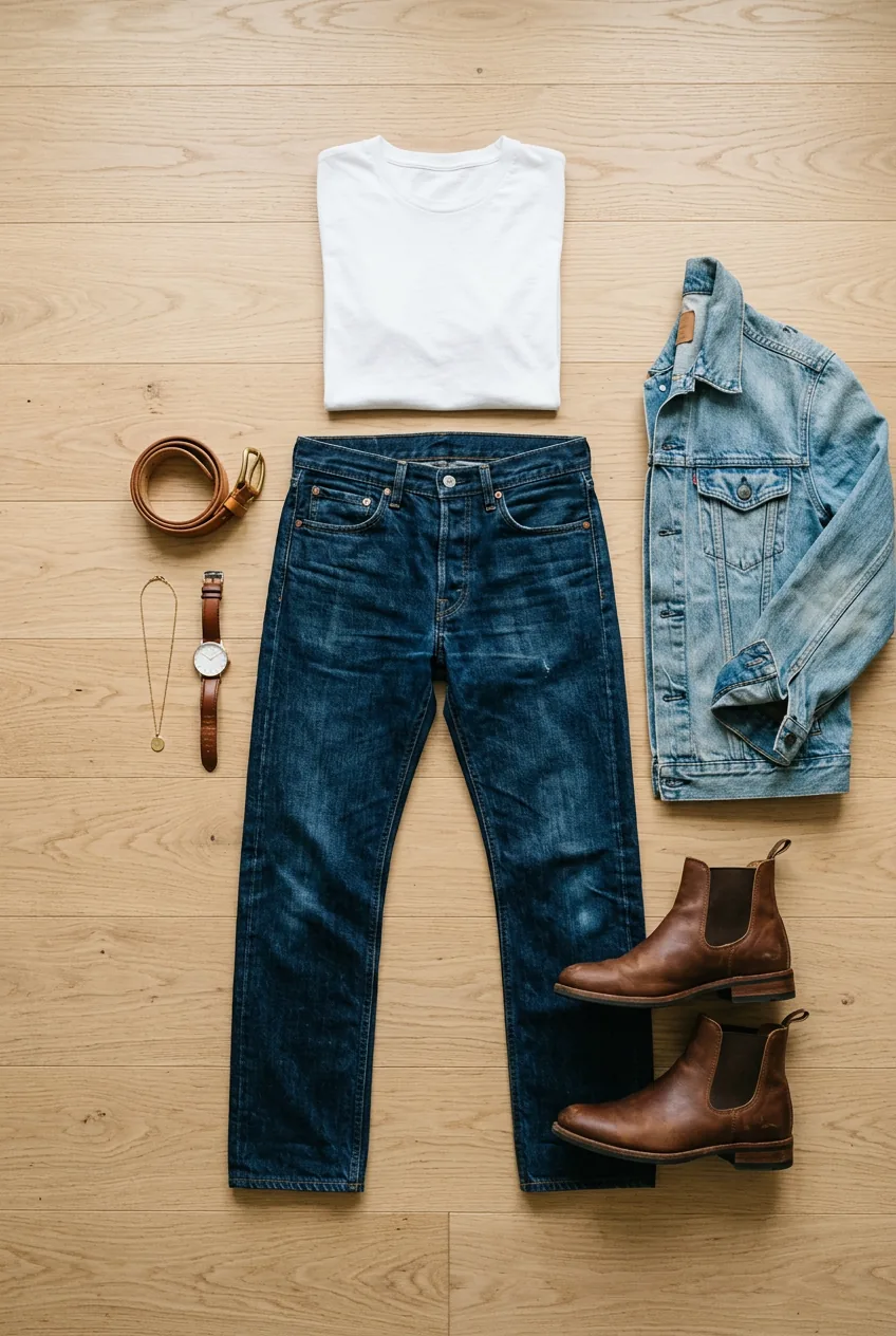 Foundation-based outfit layout with dark jeans as central piece, white tee, denim jacket and ankle boots
