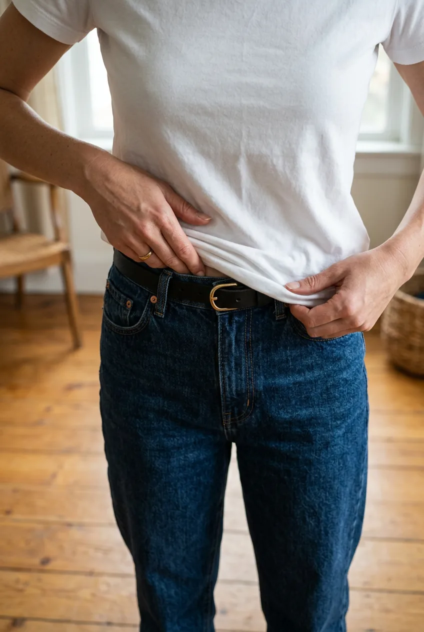 Hands demonstrating smooth front tuck technique of fitted tee into baggy jean waistband