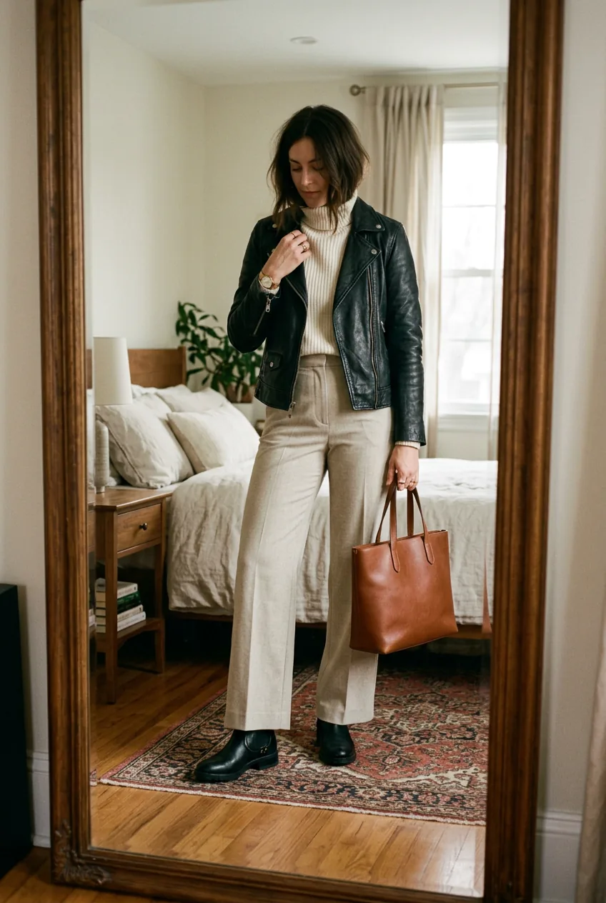 Full-length mirror reflection of woman in complete black leather jacket outfit doing final check in softly lit dressing room