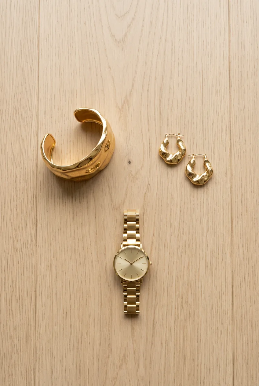 Flat lay of gold cuff bracelet sculptural hoop earrings and gold watch arranged in triangle on light wood floor