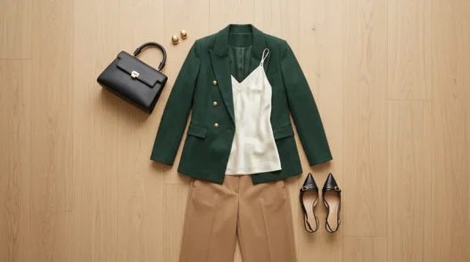 Overhead flat lay of forest-green blazer ivory cami camel trousers black heels and top-handle bag on light wood floor