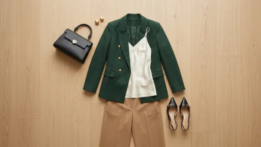 Overhead flat lay of forest-green blazer ivory cami camel trousers black heels and top-handle bag on light wood floor