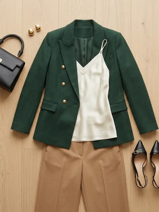 Overhead flat lay of forest-green blazer ivory cami camel trousers black heels and top-handle bag on light wood floor