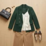 Overhead flat lay of forest-green blazer ivory cami camel trousers black heels and top-handle bag on light wood floor