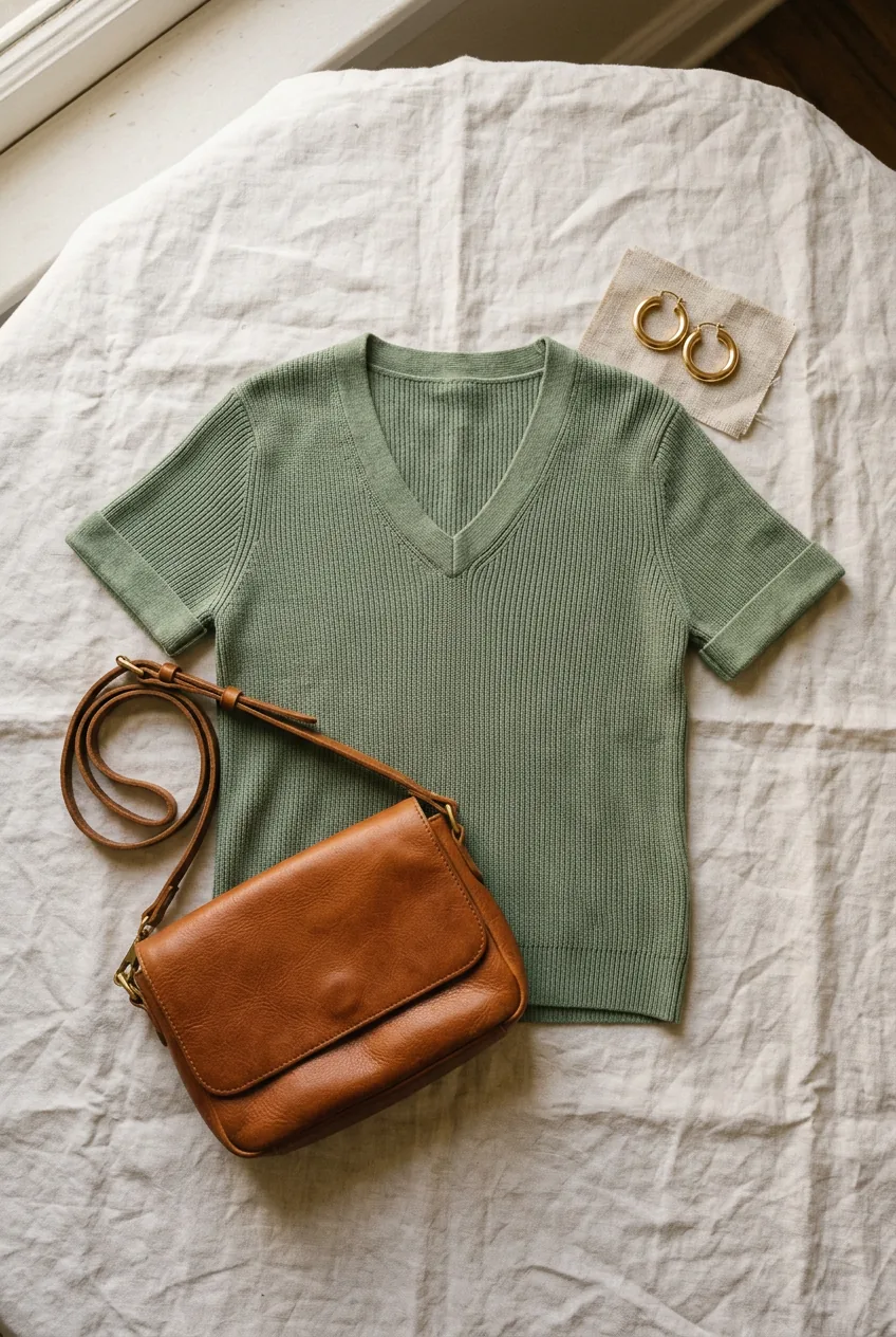 Overhead flat lay of sage green knit top with cognac leather bag and gold hoop earrings on white linen background