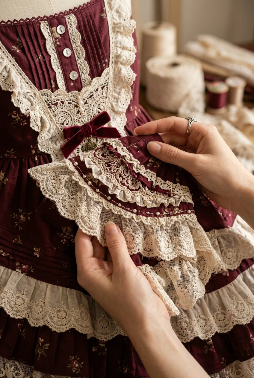 Close-up of hands holding vintage-inspired lolita dress showing detailed construction and fabric quality