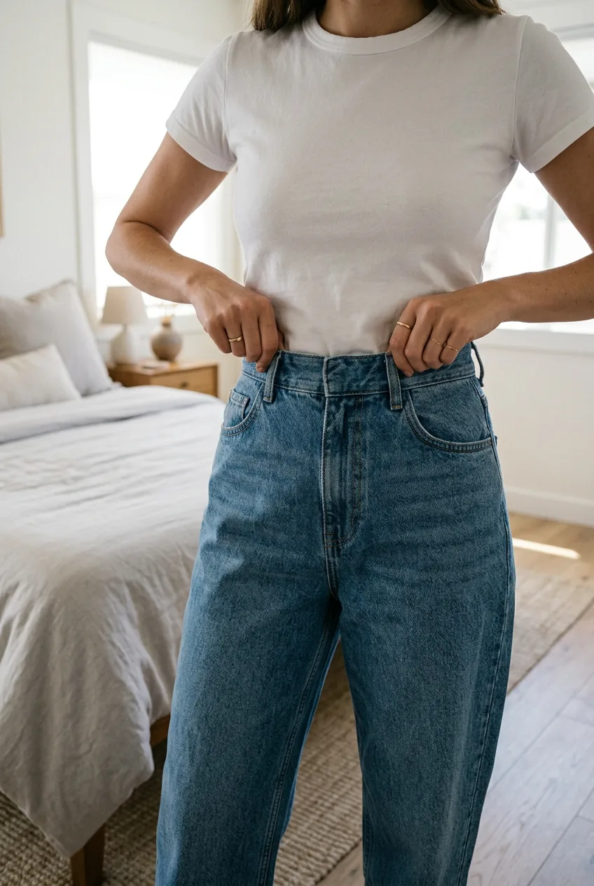 Woman adjusting structured waistband of high-waisted baggy jeans with fitted white tee tucked in