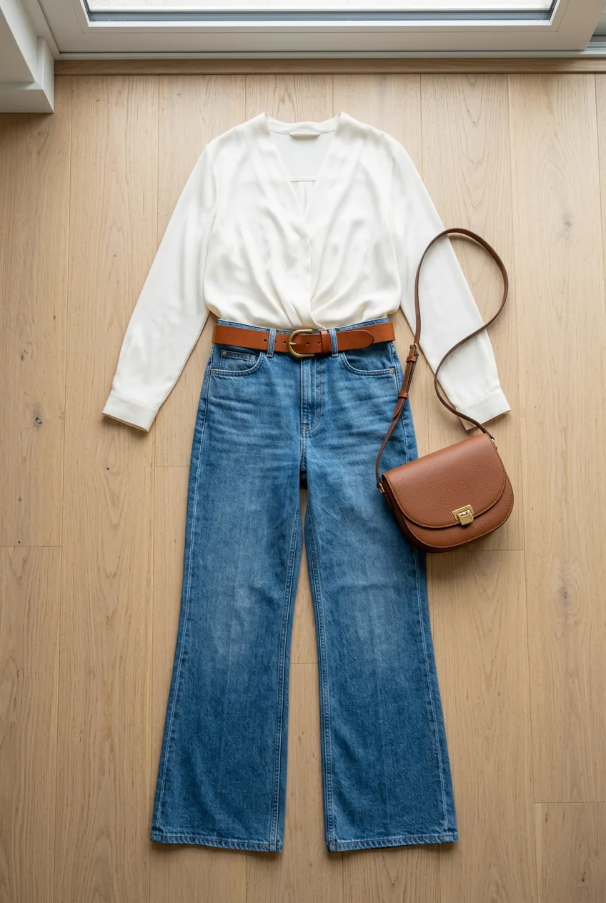 High-waisted flared jeans with cognac leather belt demonstrating front tuck styling technique