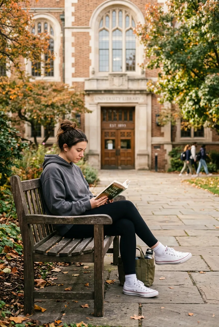 Woman in oversized hoodie, black leggings and sneakers sitting on bench outside library