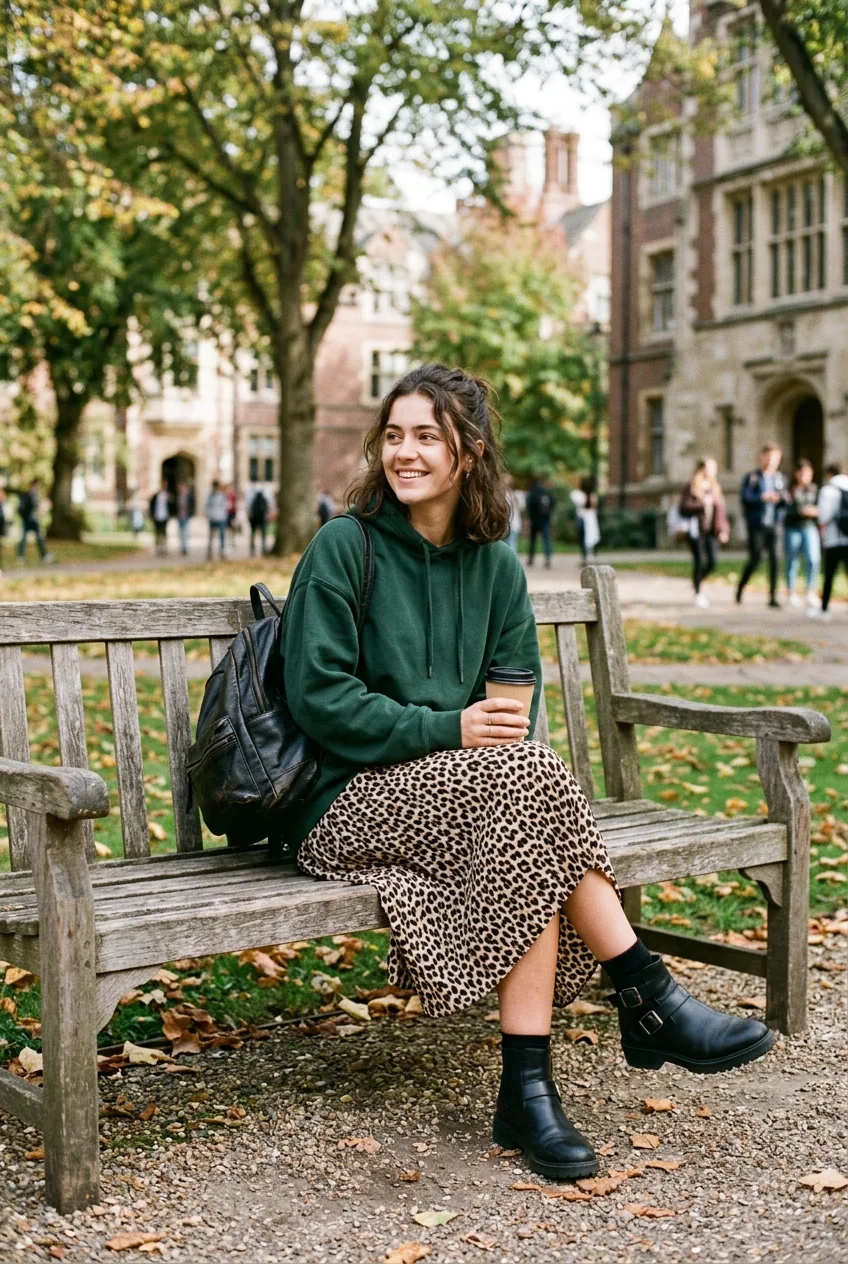 Woman combining hoodie with midi skirt and ankle boots sitting on park bench