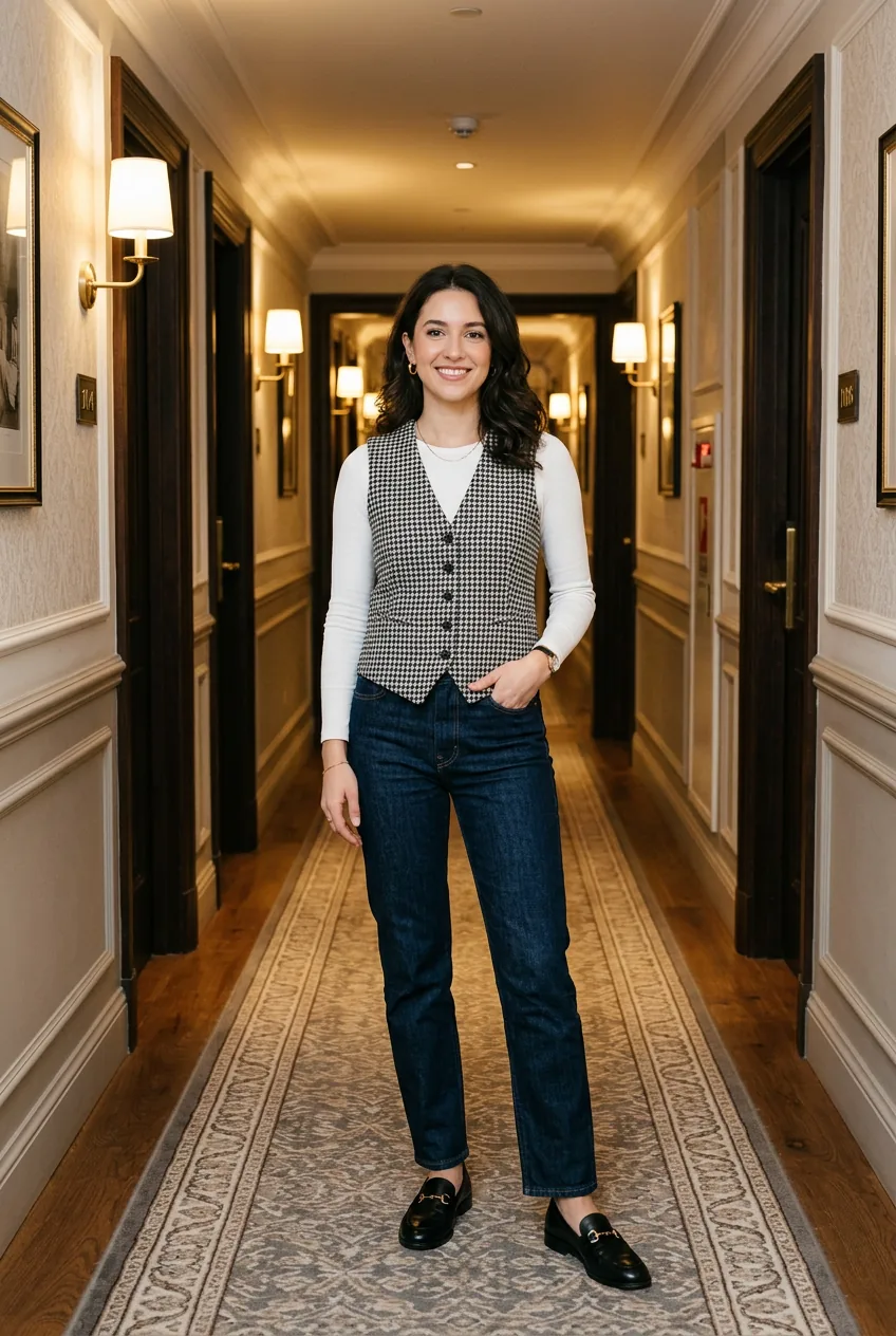 Woman in a tailored houndstooth waistcoat over a white fitted top with dark jeans and leather loafers in a hotel hallway