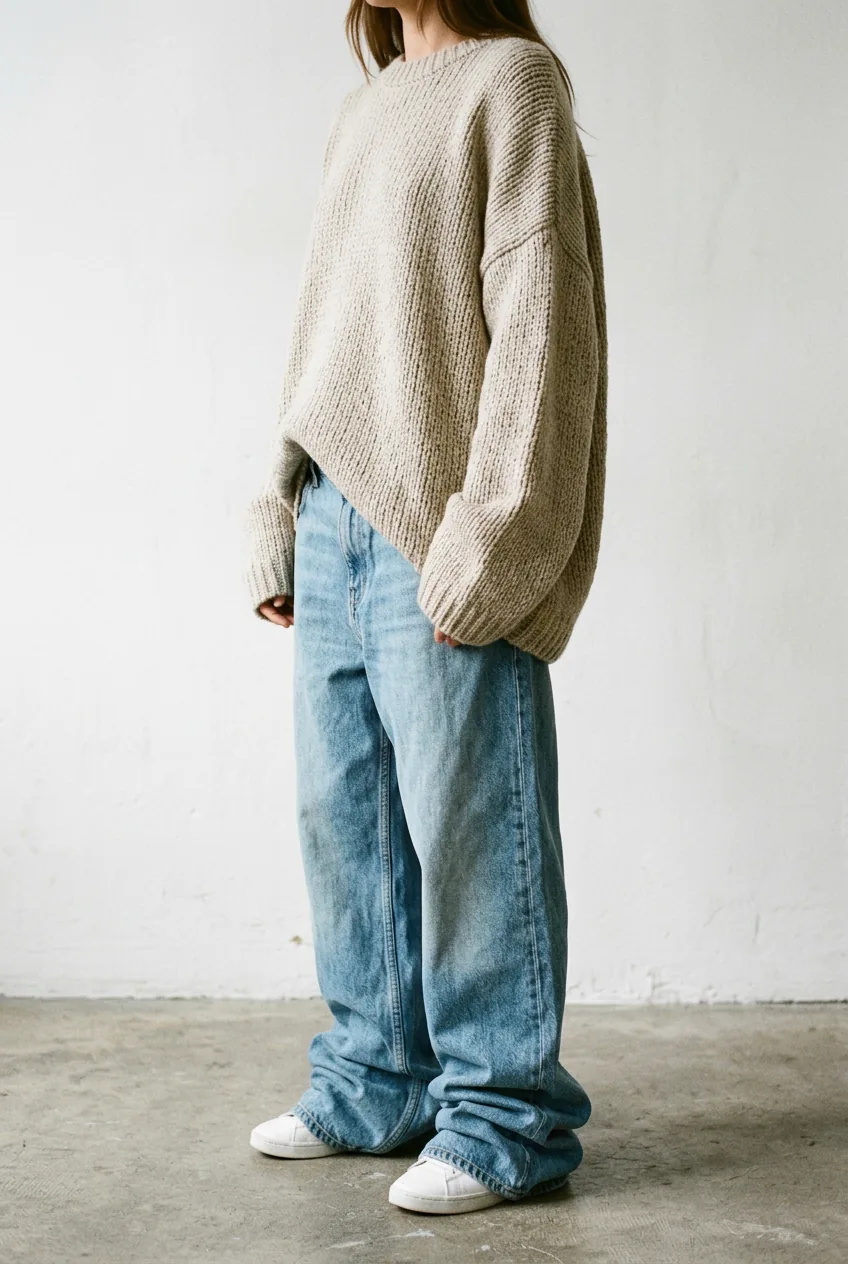 Woman in oversized baggy jeans and sweater showing disproportioned silhouette against white wall