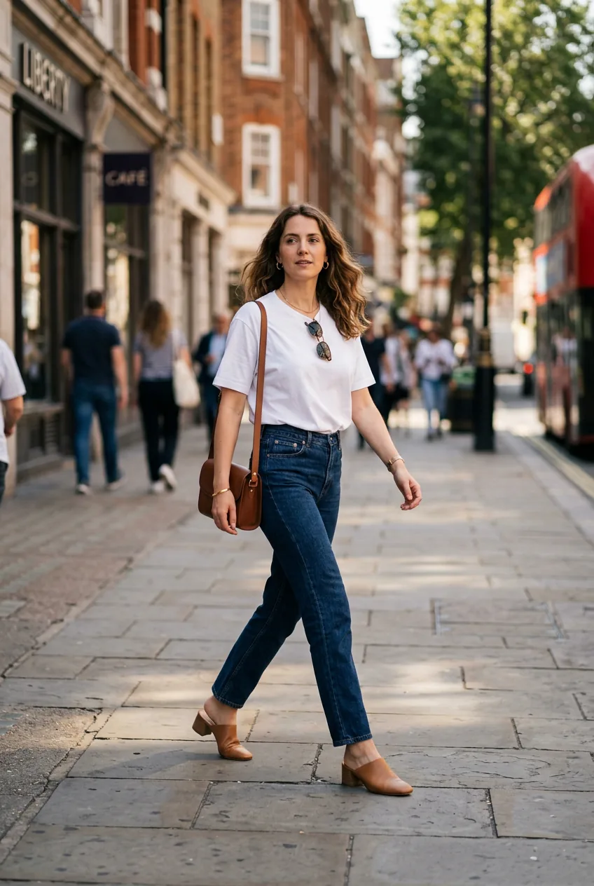 Woman in dark wash straight-leg jeans, white boxy tee, and low block heel mules walking in natural daylight