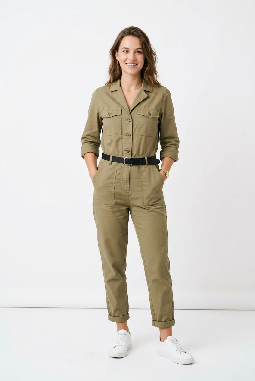 Woman in khaki utility jumpsuit belted at waist with white leather sneakers
