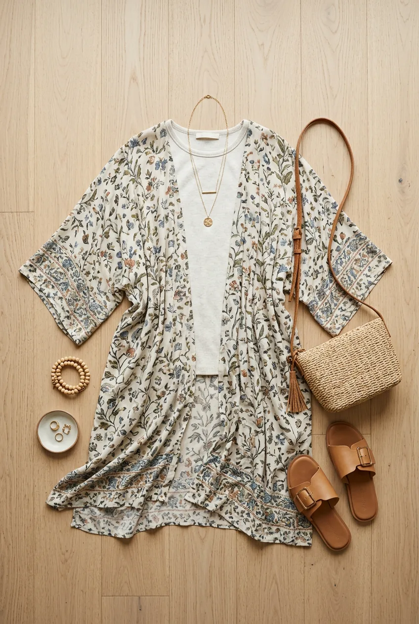 Lightweight kimono cardigan in soft print showing flowing movement and layering potential