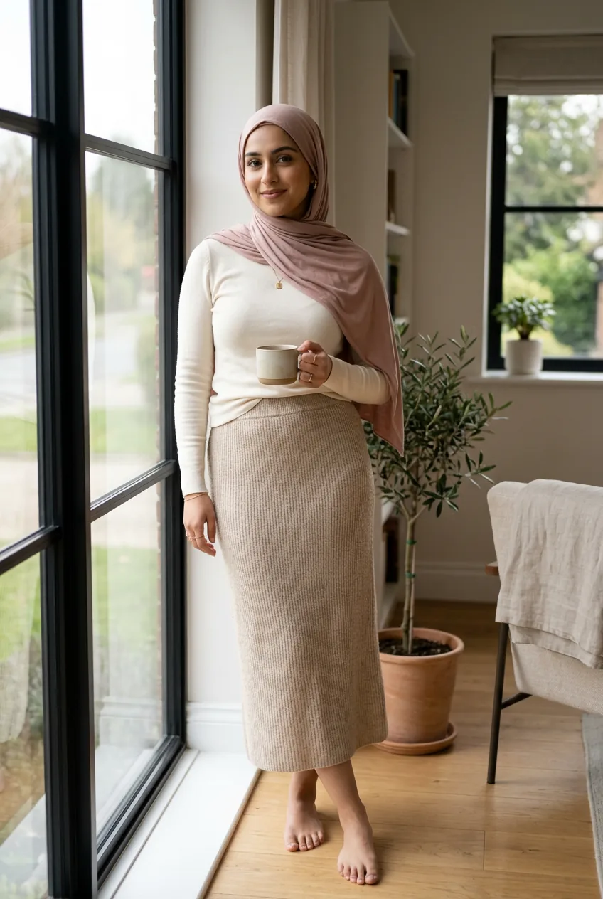 Woman wearing oat knit midi skirt with blush jersey hijab and fitted long-sleeve top in soft morning window light