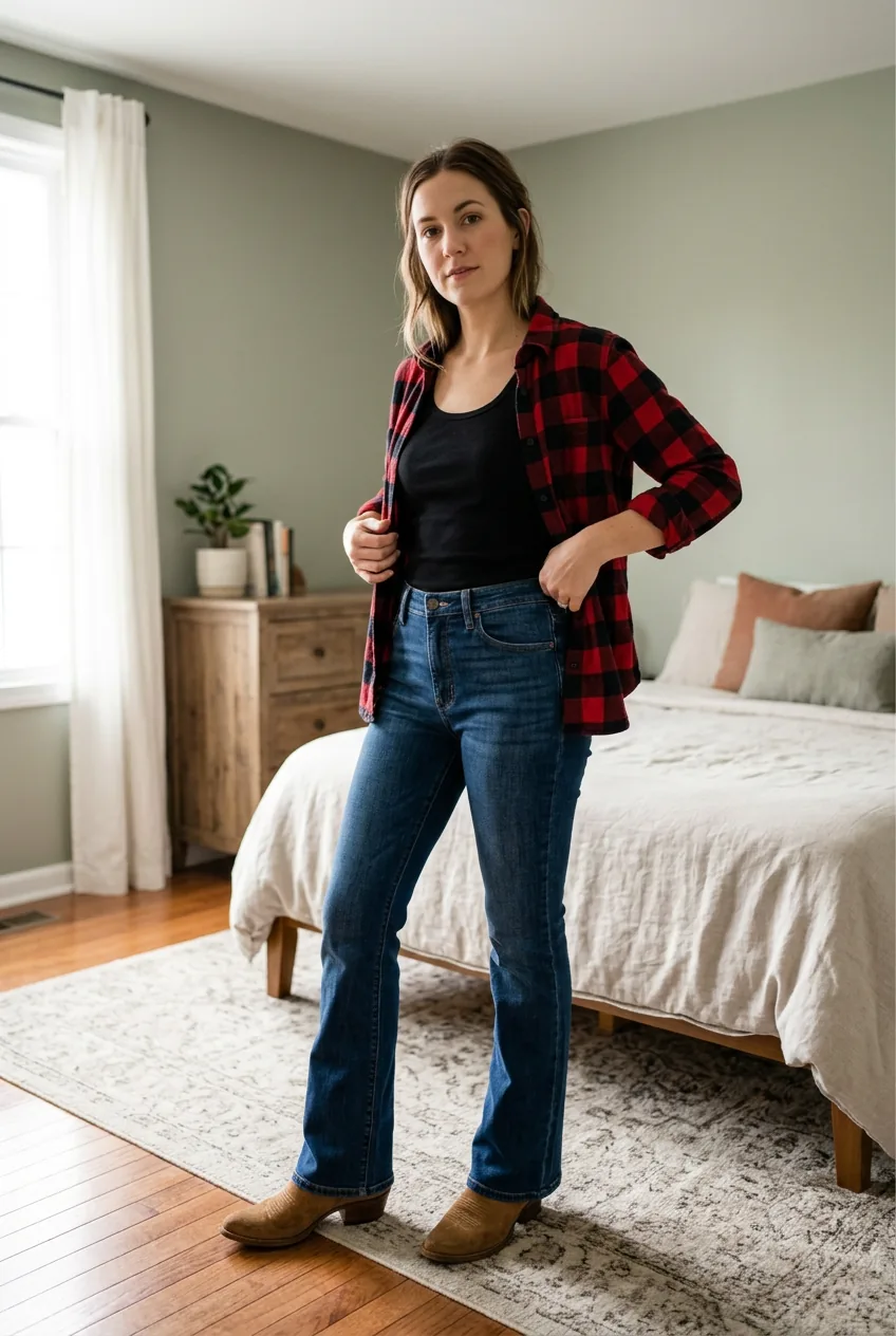 Woman wearing bootcut jeans black fitted tank and open plaid flannel with tan suede boots adjusting the layered shirt