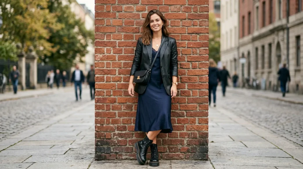 Woman wearing a black leather blazer over a silk slip dress with chunky platform boots against a red brick wall